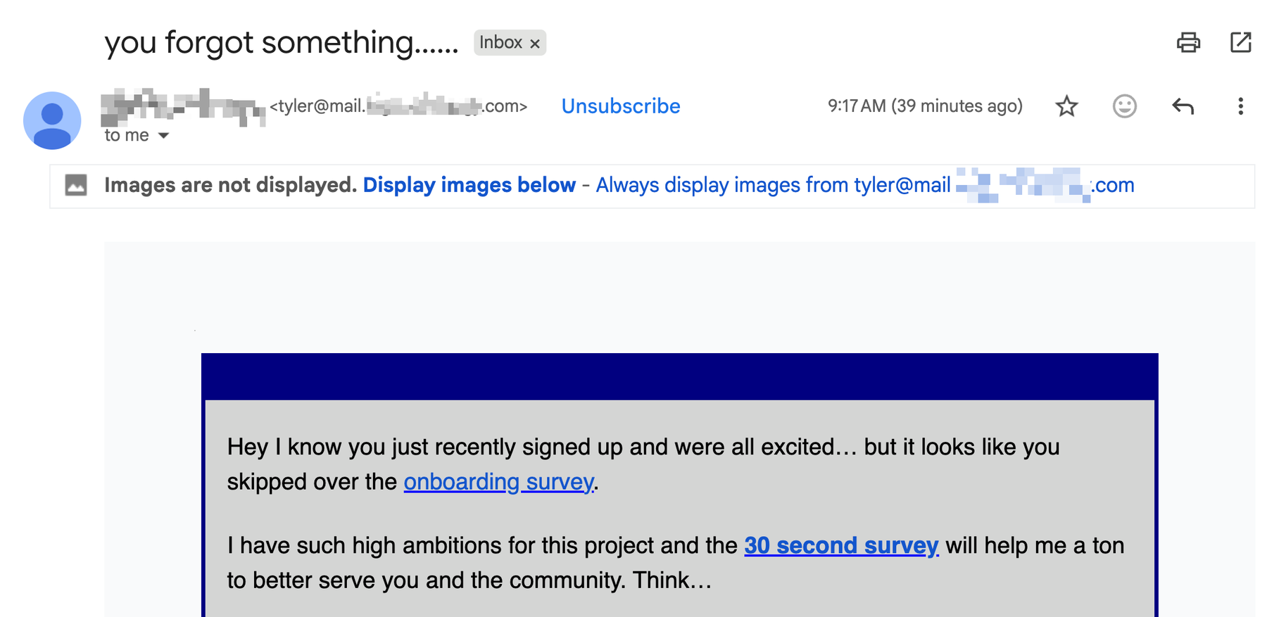 The visible body of a phishing email titled 'you forgot something', styled as a friendly reminder to finish an onboarding survey, with nothing visibly malicious.