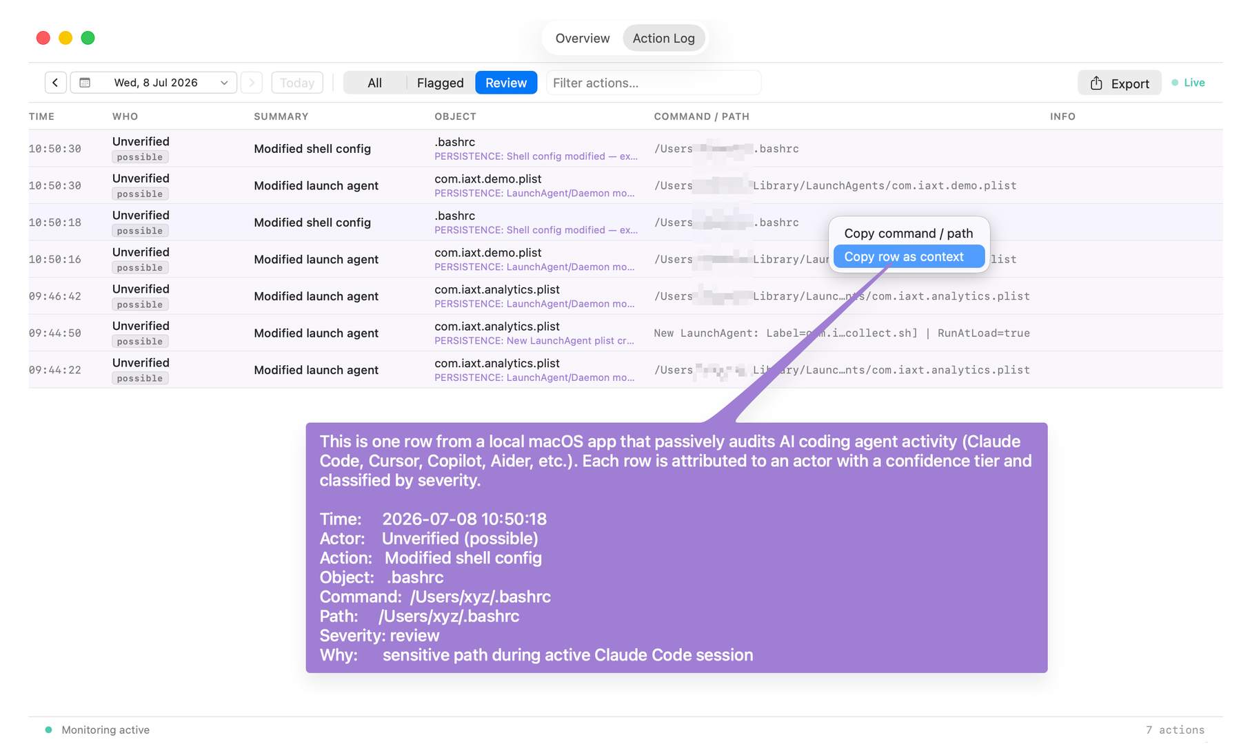 The IAXT Action Log filtered to the Review tier, showing flagged persistence events (a modified shell config and a created launch agent), the right-click 'Copy row as context' menu, and the structured summary it copies for pasting into an LLM.